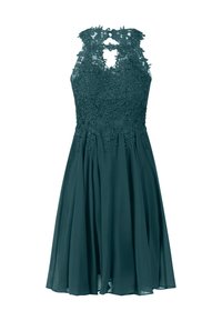 Teal mouwloze jurk met een bloemenkant lijfje, een keyhole rug en een vloeiende rok met plooien. Zachte textuur en fijne details.