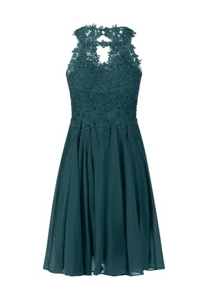 Teal mouwloze jurk met een bloemenkant lijfje, een keyhole rug en een vloeiende rok met plooien. Zachte textuur en fijne details.
