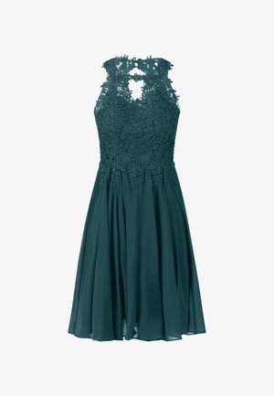 Teal mouwloze jurk met een bloemenkant lijfje, een keyhole rug en een vloeiende rok met plooien. Zachte textuur en fijne details.