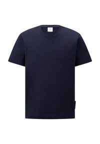 Marineblå bomulds-T-shirt med korte ærmer, der har en rund halsudskæring og diskrete syninger. Tags placeret på undersiden.
