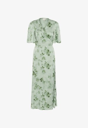 Robe portefeuille vert clair avec manches courtes bouffantes et un motif subtil de feuilles vert foncé, dotée d'un décolleté en V et d'une longueur jusqu'aux chevilles.