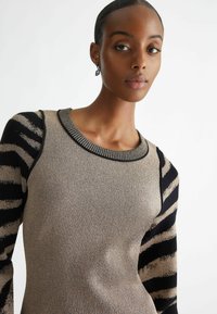 Maglione lavorato a maglia con un corpo beige metallizzato, maniche a righe nere e una finitura texture. Collo rotondo a coste nere.
