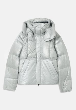 Silver puffer jacket with a high collar, featuring a quilted design, snap buttons, and a slightly shiny texture. Zippered front.