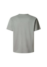 Tricou din bumbac gri, cu mâneci scurte și guler rotund. Spatele este simplu, cu o textură netedă și fără logo-uri sau modele vizibile.