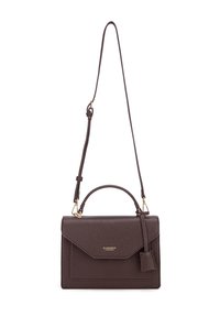 Borsa a tracolla in pelle di colore marrone scuro con una forma strutturata, manico superiore e tracolla regolabile. Presenta una patta anteriore e dettagli con logo.