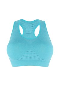 Sujetaligas deportivo azul claro con diseño texturizado, estilo de espalda cruzada y detalles de ventilación para mayor transpirabilidad. Confección en tela elástica.