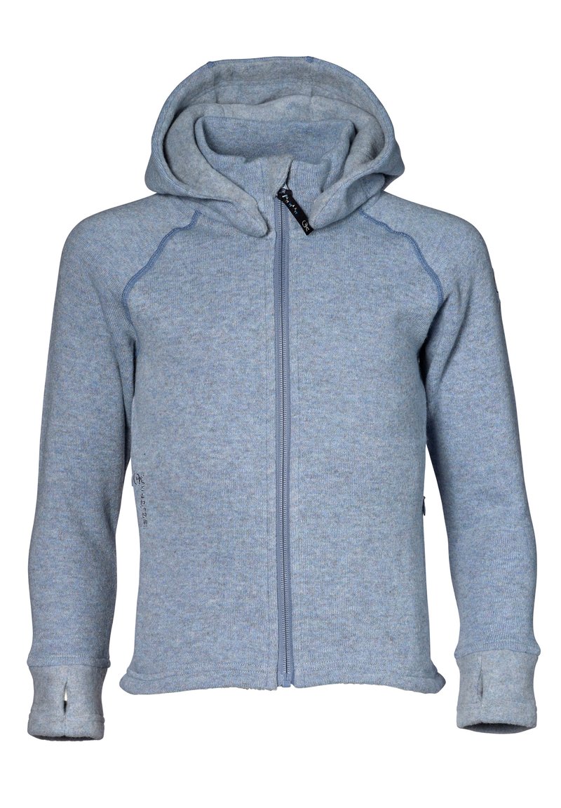 Lysblå zip-up hoodie med hætte, raglanærmer og tommelhuller ved manchetterne. Blødt, struktureret stof med en glat overflade.