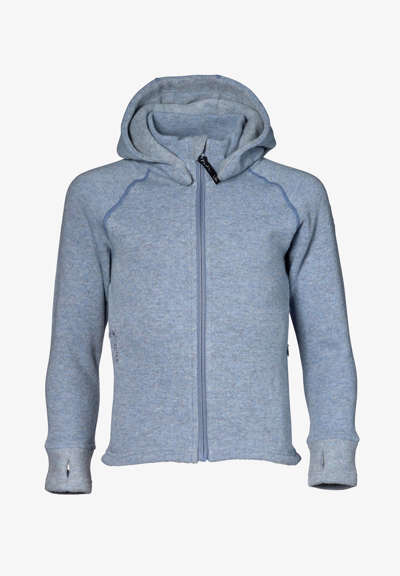 Lysblå zip-up hoodie med hætte, raglanærmer og tommelhuller ved manchetterne. Blødt, struktureret stof med en glat overflade.