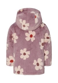 Floral-gepatrooneerde hooded jas van zacht paarse nepbont, met grote witte bloemen met bruine en rode centra, ontworpen voor warmte en comfort.
