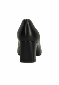 Zwarte leren hoge hak schoen met een ronde neus, blokhak en een gladde textuur; minimale stiksels en een slanke silhoeet.