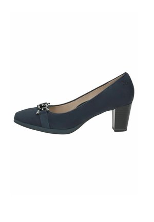 Dark blue high-heeled shoe with a smooth fabric texture, rounded toe, decorative strap with a silver accent, and a block heel.