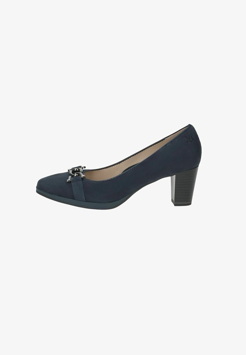 Tumši zili augstpapēžu apavi ar gludu auduma tekstūru, apaļu purngalu, dekoratīvu siksniņu ar sudraba akcentu un bloku papēdi.