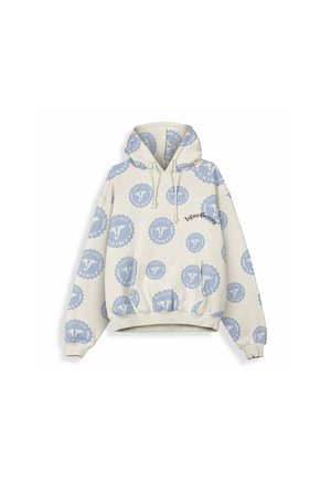 Beżowa bluza z kapturem z jasnoniebieskimi okrągłymi logo i czarnym napisem "Infms Grimes" na piersi, z przednią kieszenią i kapturem ze ściągaczem.