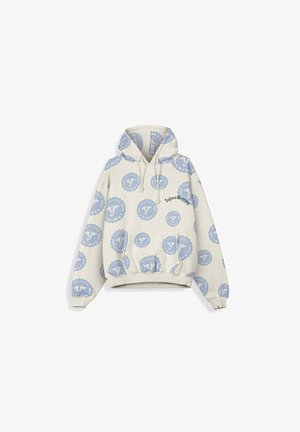 Beige hoodie met lichtblauwe cirkelvormige logo's en zwarte tekst "Infms Grimes" op de borst, voorzien van een voorzak en een capuchon met trekkoord.