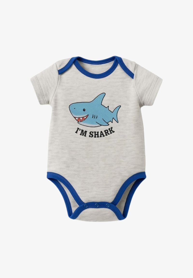 Body per neonati a manica corta grigio con dettagli blu. Presenta una grafica di squalo e il testo "I'M SHARK" stampato sotto. Chiusura a scatto sul fondo.
