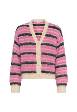 Pink and cream striped cardigan with a v-neck, fuzzy texture, black accents, and five buttons along the front. Long, slightly wide sleeves.