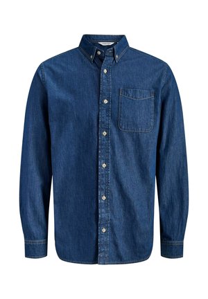 Dark blue denim shirt with long sleeves, button-up front, pointed collar, single chest pocket, and classic stitching details.