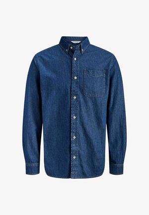 Dark blue denim shirt with long sleeves, button-up front, pointed collar, single chest pocket, and classic stitching details.