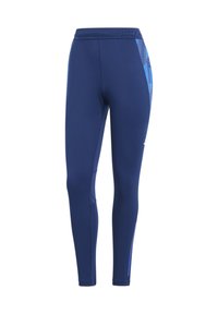 Marineblaue Sportleggings mit glatter Textur, die ein blaues geometrisches Muster an den Seiten und einen breiten elastischen Bund aufweisen.