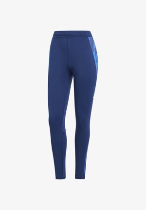 Marineblaue Sportleggings mit glatter Textur, die ein blaues geometrisches Muster an den Seiten und einen breiten elastischen Bund aufweisen.