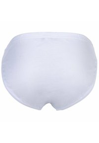 Biancheria intima in cotone bianco con design a copertura completa e fascia elastica in vita, vista dal retro.