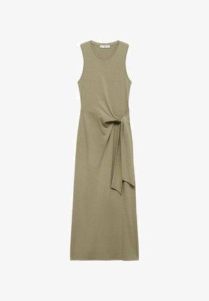 Khaki sleeveless maxi dress made of soft fabric, featuring a knotted waist detail and a relaxed fit. Smooth texture with a simple design.
