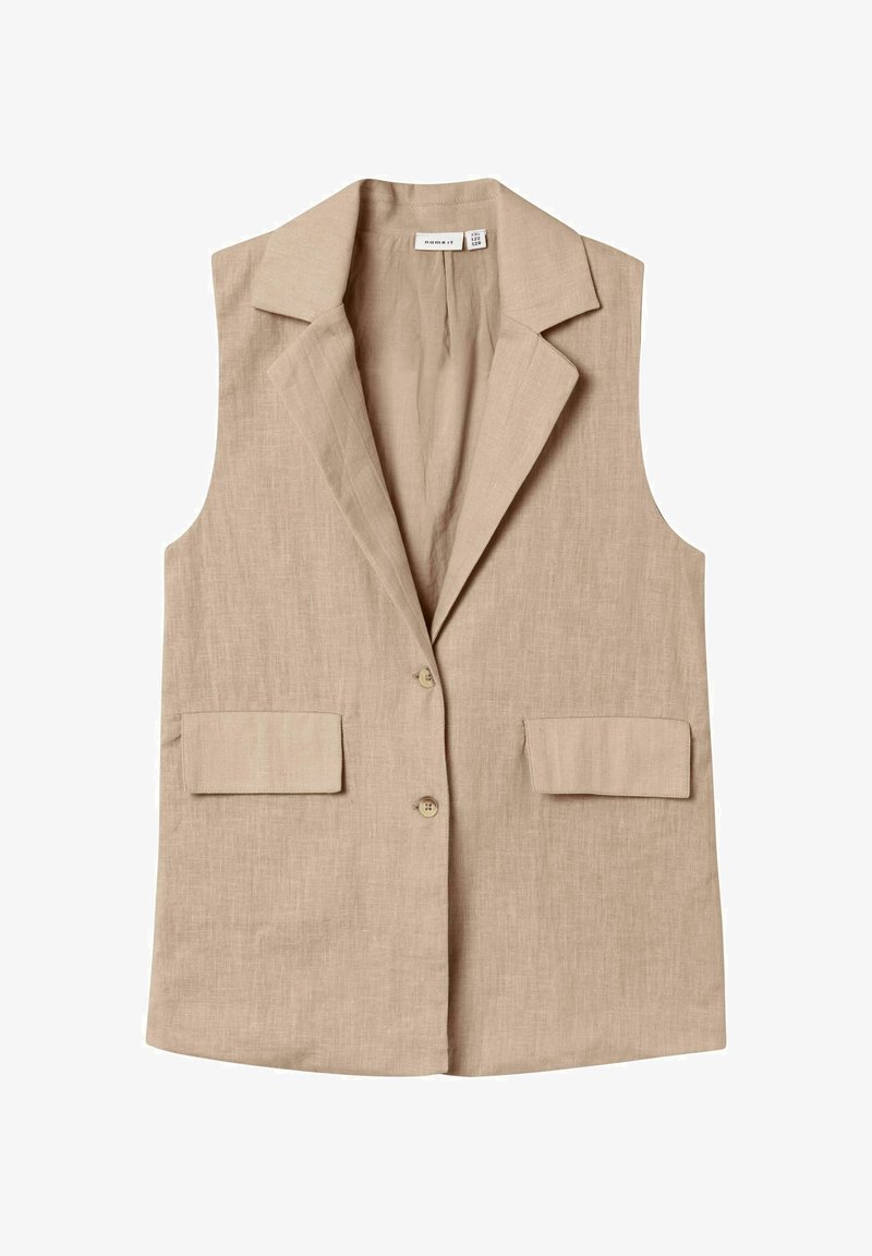 Veste en lin beige avec un col cranté, deux poches avant et une fermeture à un bouton. Texture lisse et coupe ajustée.