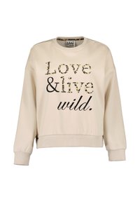 Beige mikina s kulatým výstřihem a žebrovanými manžetami. Obsahuje černý a vzorovaný text "Love & live wild." Měkká textilní struktura.