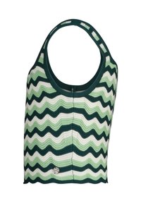 Top de punto sin mangas con un patrón en zigzag en diferentes tonos de verde, con un escote redondeado y un pequeño logo acentuando cerca del dobladillo.