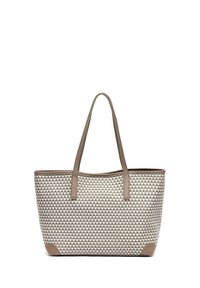 Tote torba izrađena od teksturiranog svijetlosivog materijala s geometrijskim uzorkom, s bež kožnim detaljima i dvostrukim naramenicama.