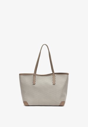 Tote Bag aus strukturiertem, hellgrauem Material mit geometrischem Muster, ausgestattet mit beigefarbenen Lederelementen und doppelten Schulterriemen.