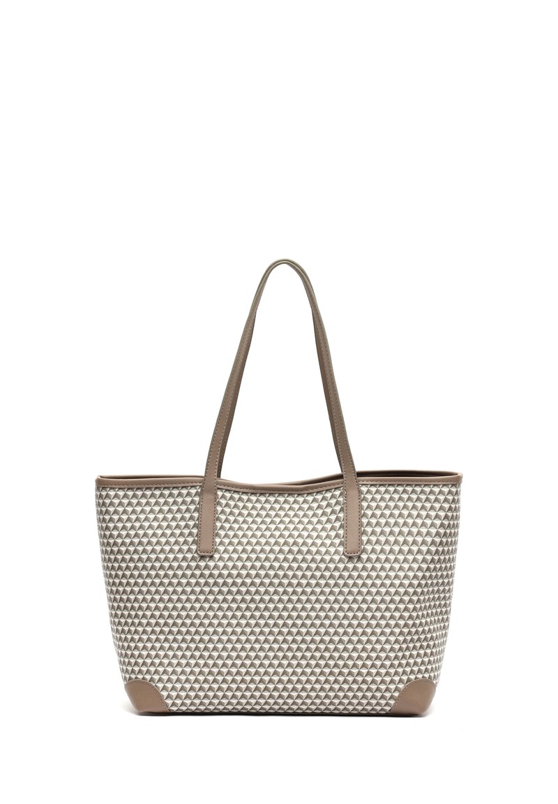 Tote torba izrađena od teksturiranog svijetlosivog materijala s geometrijskim uzorkom, s bež kožnim detaljima i dvostrukim naramenicama.
