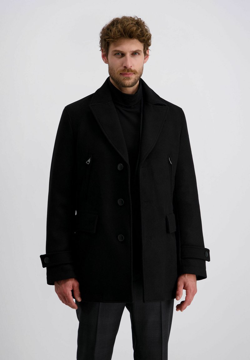 Manteau en laine mélangée noir avec une fermeture à double boutonnage à l'avant, de grands revers et des poches zippées sur les côtés. Comprend des poignets boutonnés et une silhouette classique.