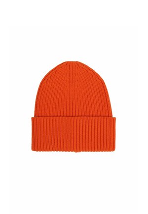 Bright orange ribbed knit beanie hat with a folded cuff, shown flat on a white background.