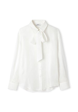 Bílá blůza vyrobená z texturované látky, s límcem a uvázanou mašlí na krku, dlouhými rukávy a zapínáním na knoflíky.