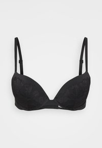 Zwarte gepolsterde bh met kantdetails op de cups, verstelbare bandjes en een gladde stoffen basis. Kenmerkt zich door een slanke en gevormde uitstraling.