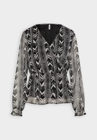 Blusa avvolgente a fantasia in bianco e nero con maniche lunghe, caratterizzata da scollatura a V e vita cinchata, realizzata in un tessuto leggero e trasparente.
