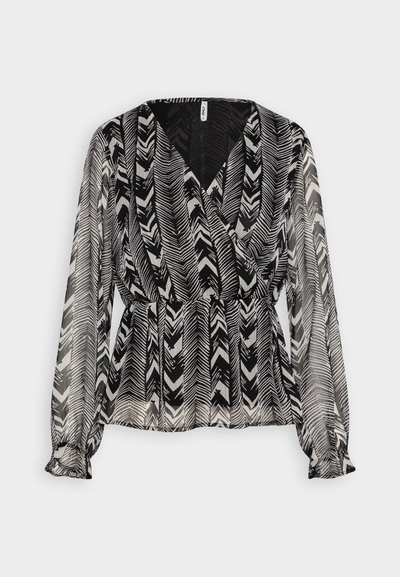 Blusa avvolgente a fantasia in bianco e nero con maniche lunghe, caratterizzata da scollatura a V e vita cinchata, realizzata in un tessuto leggero e trasparente.