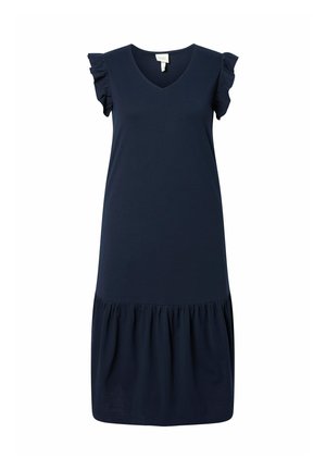Abito midi blu navy con scollo a V, maniche corte arricciate e dettagli arricciati sull'orlo.