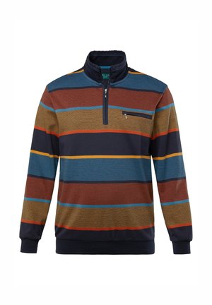Sweter w niebieskie, brązowe i pomarańczowe paski z wysokim kołnierzem i zamkiem błyskawicznym do jednej czwartej, z małą kieszonką na piersi i ściągaczami przy rękawach.