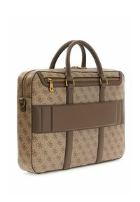 Bolso para portátil marrón con diseño estampado, doble cremallera, detalles de cuero y asas superiores. Cuenta con un gran bolsillo frontal y una base resistente.