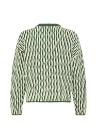 Pull manches longues à col rond avec motif de rayures ondulées verticales vertes et blanches, vu de dos.