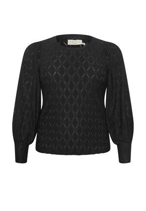 Schwarze strukturierte Bluse mit Rautenmuster, langen Puffärmeln, rundem Halsausschnitt und taillierten Bündchen. Aus leichtem Stoff gefertigt.