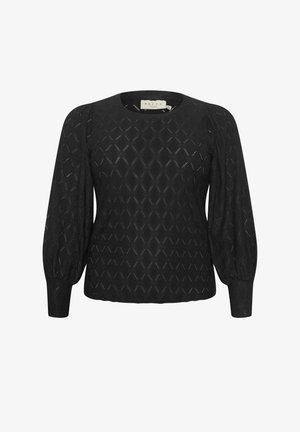 Črna teksturirana bluzka z diamantnimi vzorci, dolgimi napihnjenimi rokavi, okroglim izrezom in prilegajočimi manšetami. Narejena iz lahkotnega materiala.