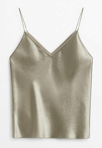 Haut caraco en satin argenté avec fines bretelles spaghetti et décolleté en V, présenté à plat sur un fond blanc.