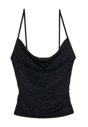 Top camicia nero scintillante con sottili spalline a spaghetti e scollo drappeggiato, aderente in vita.