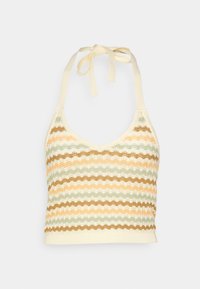 Gestricktes Bustier in Creme mit wellenförmigen Streifen in Grün, Orange und Braun. Verfügt über einen V-Ausschnitt und verstellbare Bindeträger.