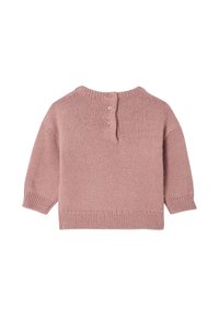 Strickpullover in sanftem Pink, mit Rundhalsausschnitt, drei Knöpfen am Rücken und gerippten Bündchen und Saum. Kurze Ärmel, lockere Passform.
