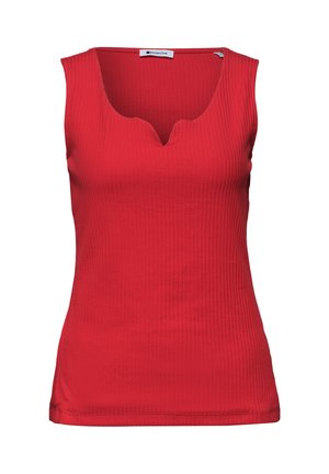 Top rouge en maille côtelée sans manches avec un col en V fendu, une silhouette ajustée et une étiquette "Street One" à l'intérieur du col.