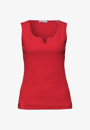 Top rouge en maille côtelée sans manches avec un col en V fendu, une silhouette ajustée et une étiquette "Street One" à l'intérieur du col.
